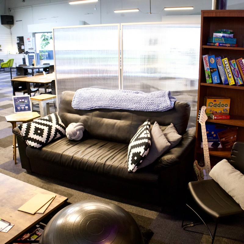 Living room study area at the Mesa HUB