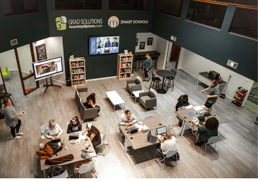 Photo overlooking the main floor workspace at the Phoenix HUB