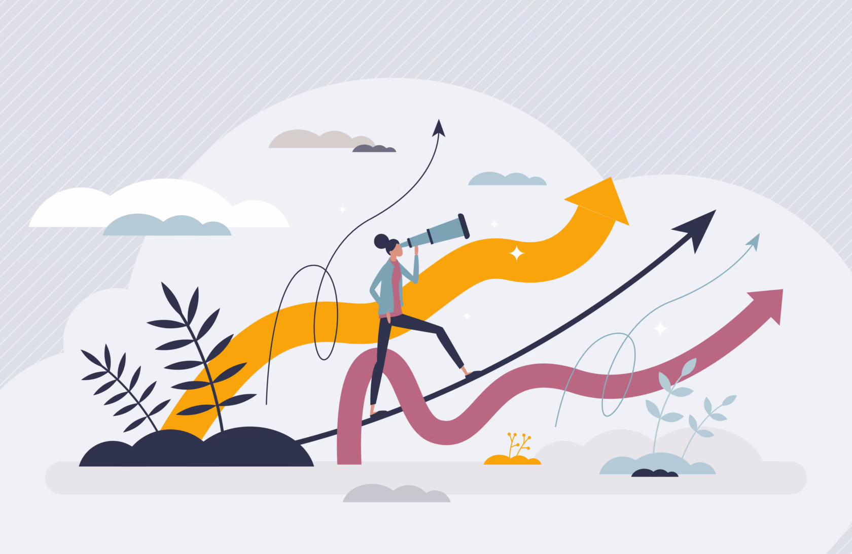 Choosing career path from different options and choices tiny person concept. Work or job professional decision for life pathway planning vector illustration. Looking or searching for future occupation