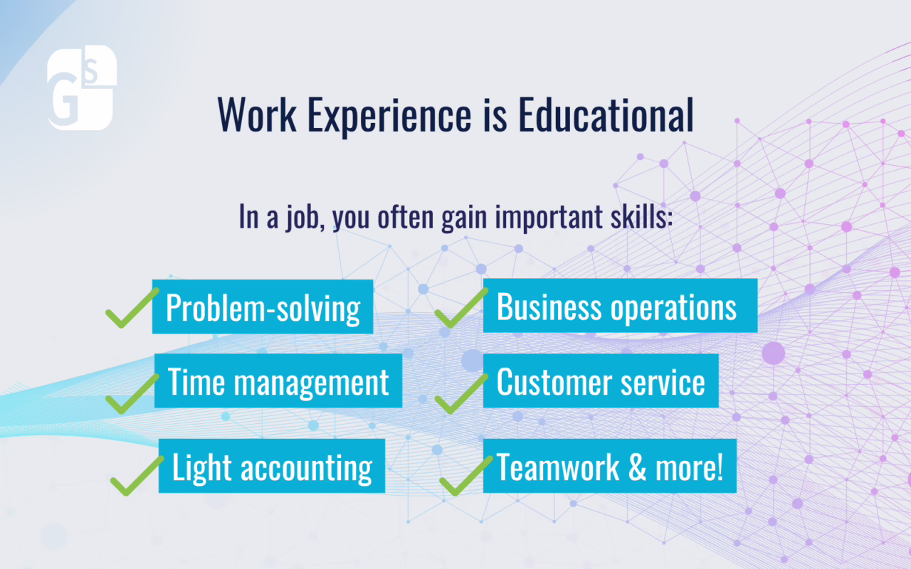 Infographic highlighting workplace skills gained through employment, including problem-solving, business operations, time management, customer service, light accounting, and teamwork.