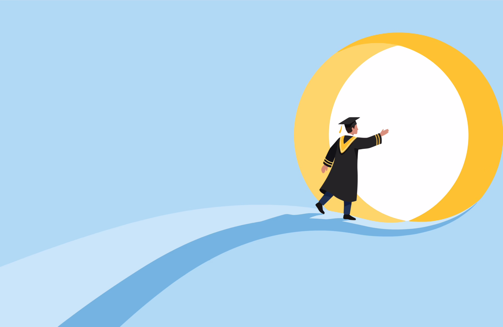 Graduate pointing towards a bright glowing circular portal of future opportunity and successful career path, minimalist vector illustration